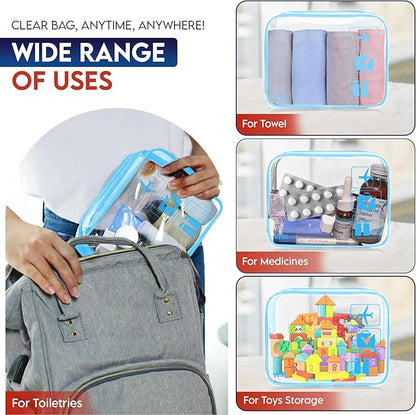 VYRL 3 Pack Clear Makeup Bag - Quart Size 3-1-1 TSA Approved Toiletry Bag with Zipper - Water-Resistant Durable PVC Clear Toiletry Bag for Carry-on Airport Travel Accessories - Blue