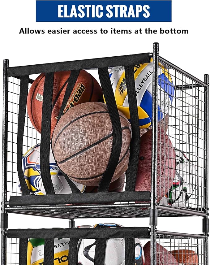 Mythinglogic Rolling Sports Ball Storage Cart, Sports Lockable Ball Storage Locker with Elastic Straps, Stackable Ball Cage for Garage Storage Garage Organizer