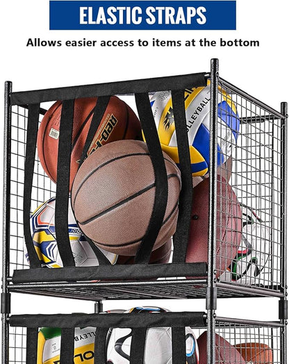 Mythinglogic Rolling Sports Ball Storage Cart, Sports Lockable Ball Storage Locker with Elastic Straps, Stackable Ball Cage for Garage Storage Garage Organizer