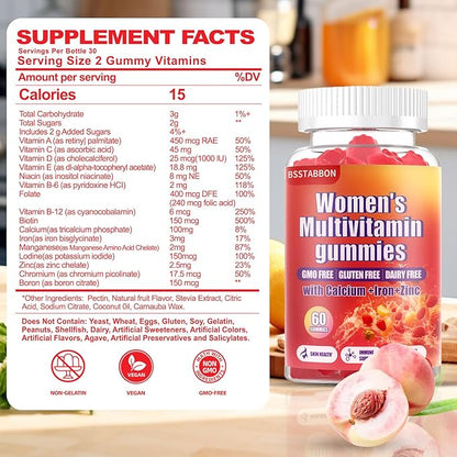 Women's Multivitamin Gummies Peach Flavor, Contains 6 Essential Vitamins (Vitamin A,B6,B12,C, D, E) and Multiple Mineral Values for Skin, Hair, Energy, Immune(60 Gummies) (60 Count)