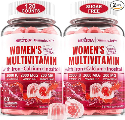 Sugar-Free Methylated Multivitamin for Women Gummies, Algae Calcium, Vitamin A, C, E, B12, D3 K2, Iron, Folate, Biotin, Inositol - Multi Vitamins & Minerals - Energy, Immune, Blood, Bone, Vegan 120Cts