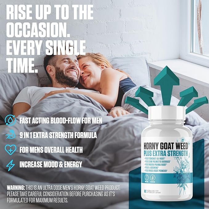 Horny Goat Weed Plus Extra Strength | #1 Rated Horny Goat Weed Supplement Pills w/Tongkat Ali, Maca Root, L-Arginine + 5 More | Increase Drive, Stamina, Blood Flow & Mood for Men - 60 Capsules