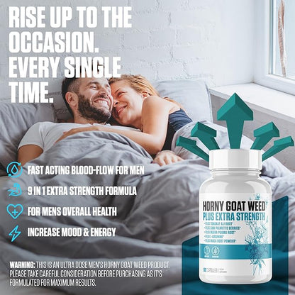 Horny Goat Weed Plus Extra Strength | #1 Rated Horny Goat Weed Supplement Pills w/Tongkat Ali, Maca Root, L-Arginine + 5 More | Increase Drive, Stamina, Blood Flow & Mood for Men - 60 Capsules