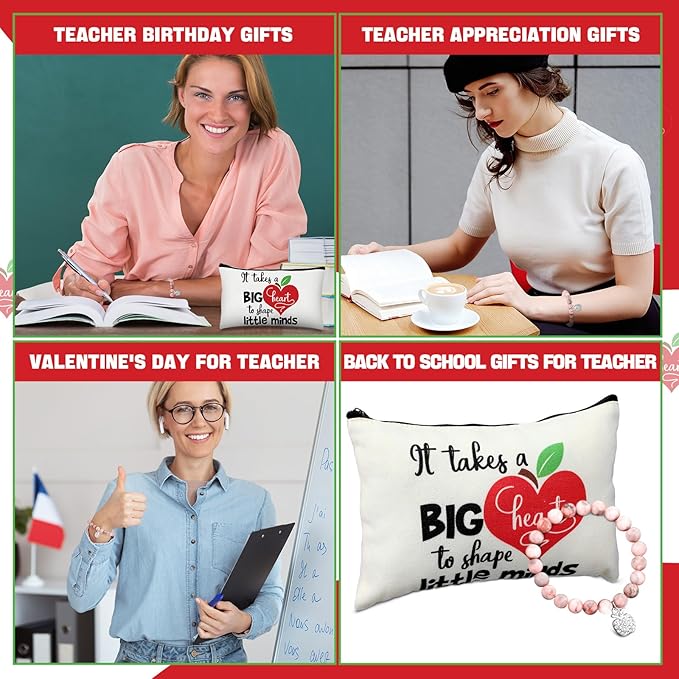 Tondiamo 6 Sets Teacher Graduation Appreciation Gifts for Women Include 6 Natural Stone Bracelets 6 Cards 6 Canvas Makeup Bags Back to School End of Year Teacher Gifts for Retirement Birthday
