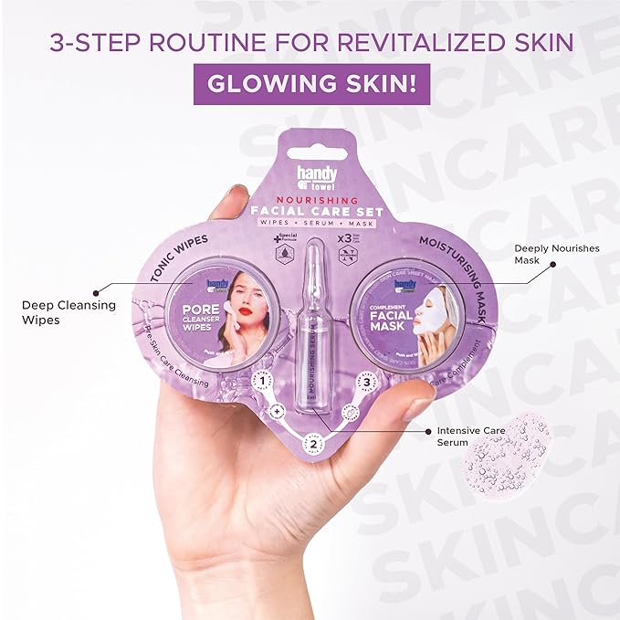 Handy Towel 3-Step Nourishing Facial Care Set, Rejuvenation Essentials Face Kit, Aloe Vera with Hyaluronic Acid, Nourishing Glow Capsule Skin Care Solution, 3 in 1 Purify+Nourish+Revive Beauty Set