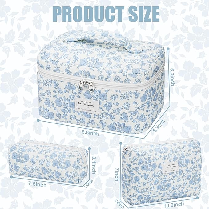 Quilted Makeup Bag Set, 3Pcs Large Checkered Corduroy Cosmetic Bags, Cute Coquette Makeup Bag Toiletry Zipper Pouch Bag for Women and Girls Checkered