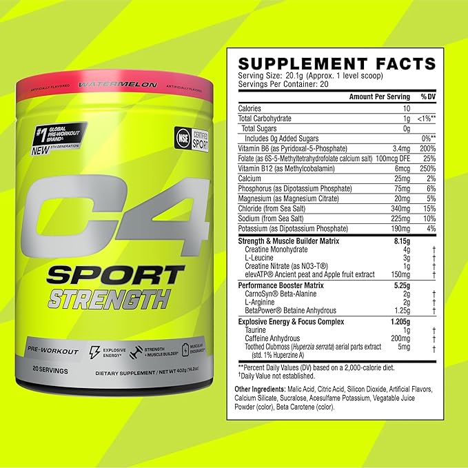 Cellucor C4 Sport Strength Pre Workout Powder - NSF Certified for Sport - Beta-Alanine, Creatine, 200mg Caffeine - Sugar Free Energy Supplement for Men & Women - Hawaiian Punch Berry Blue, 20 Servings