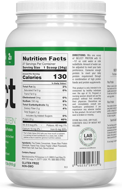 PEScience Select Vegan Plant Based Protein Powder, Chocolate Peanut Butter, 27 Serving, Premium Pea and Brown Rice Blend