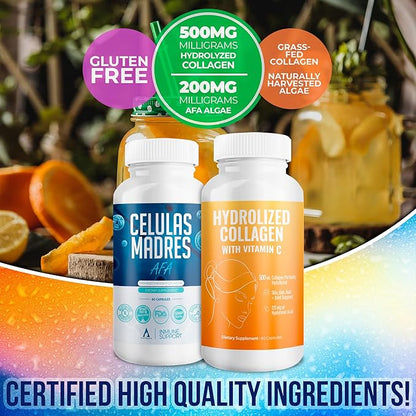 Aura Vitamin Mega Antioxidant Bundle | Hydrolyzed Collagen & AFA Stem Cell | Hydrolyzed Collagen with Vitamin C, Aphanizomenon Flos-Aquae | Celula Madre Skin, Hair and Nail Support – 60 Each Caps (3)