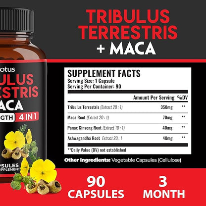 Zolotus Premium Tribulus Terrestris Capsules - Combined with Ashwagandha, Panax Ginseng & Maca - Boost Energy, Mood, Stamina & Immune - 90 Counts for 3 Months