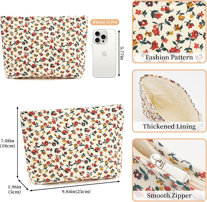 WOZEAH Floral Corduroy Makeup Bag for Purse Small Cosmetic Pouch,Stylish Zipper Make up Pouch Travel Canvas Toiletry Bags(Flower Branches 1)