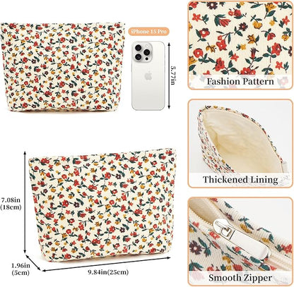 WOZEAH Floral Corduroy Makeup Bag for Purse Small Cosmetic Pouch,Stylish Zipper Make up Pouch Travel Canvas Toiletry Bags(Flower Branches 1)
