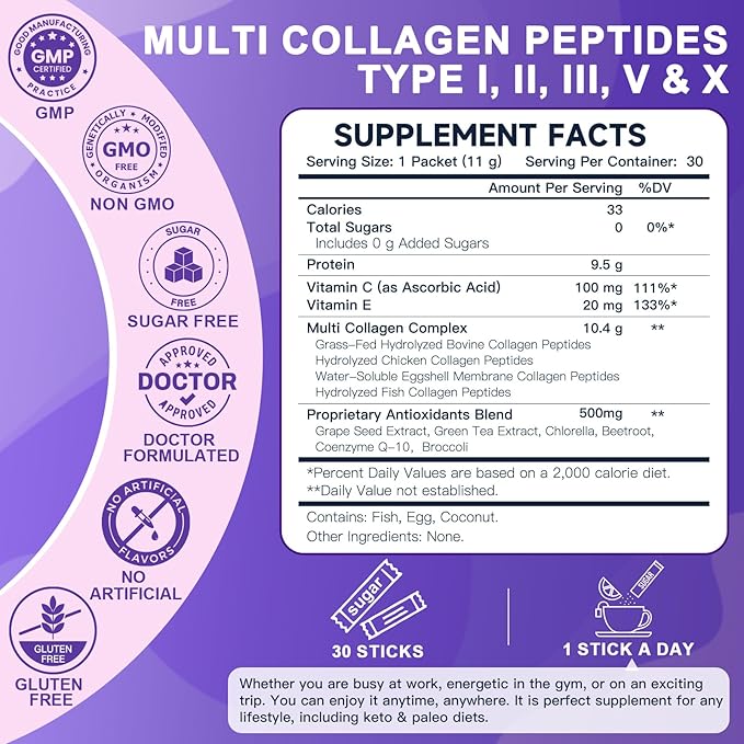 Collagen-Peptides-Powder-Packets - Multi Type I II III V X Collagen for Women with Antioxidant Blend + Vitamin C & E for Skin, Hair, Nail & Joint, Non-GMO, 30 Stick Packs