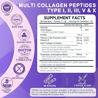 Collagen-Peptides-Powder-Packets - Multi Type I II III V X Collagen for Women with Antioxidant Blend + Vitamin C & E for Skin, Hair, Nail & Joint, Non-GMO, 30 Stick Packs