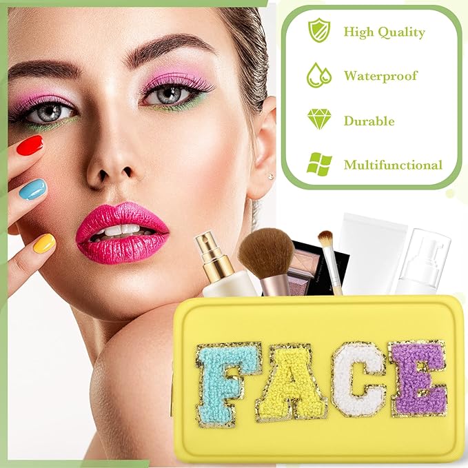 Sanwuta 4 Pcs Hair Face Skin Travel Bag Set Preppy Makeup Pouch PU Leather Skincare Bag Waterproof Cosmetic Organizer Birthday Christmas Gifts(Yellow, Blue, Green, Rosy,Fresh Style)