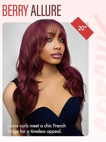 GORGIUS Glueless Wavy Wig with Bangs Burgundy Synthetic Curtain Bang Wig with Realistic Scalp 22 Inch