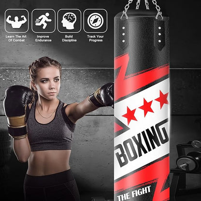 Hanging Punching Bag for Adults, 4ft PU Leather Heavy Boxing Bag Set, Hanging Bag Boxing Equipment for MMA Karate Kickboxing Boxing Home Gym, Unfilled