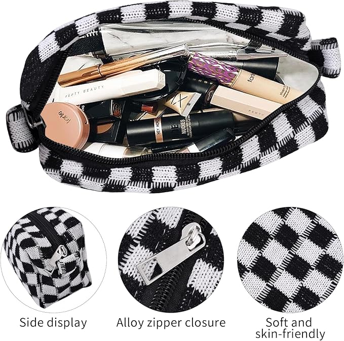 Small Cute Checkered Makeup Bag - Portable Cosmetic Pouch with Zipper, Travel Toiletry Bag, Purse Organizer, Beauty Storage, Black