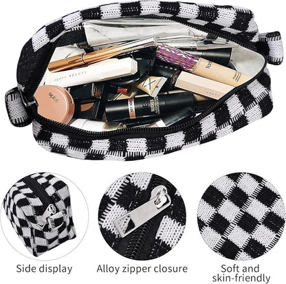 Small Cute Checkered Makeup Bag - Portable Cosmetic Pouch with Zipper, Travel Toiletry Bag, Purse Organizer, Beauty Storage, Black