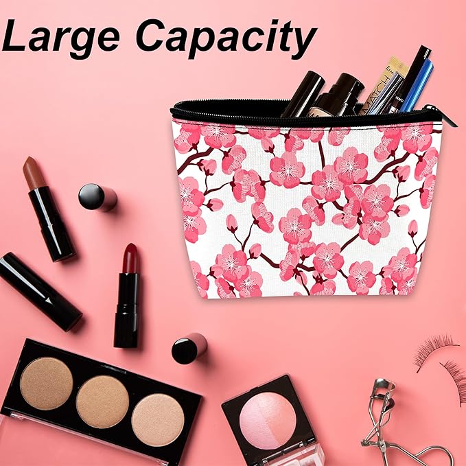 Cherry Blossom Makeup Bag for Purse, Waterproof Funny Japanese Pink Sakura Cosmetic Bag for Women, Zipper Travel Pouch Gift 9.5×5.9 Inch