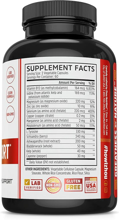 Zhou Thyroid Support Complex with Iodine Supplement, Increase Energy, Fight Brain Fog with Vitamin B12, Iodine, Magnesium, Zinc, Selenium, No Soy, Gluten-Free, 60 Servings, 120 Caps