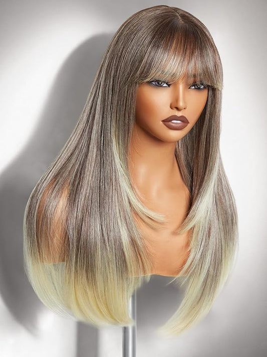 GORGIUS Straight Glueless Wig with Bangs Ash Brown to Blonde Layered Hair Ready-to-Go Synthetic Bang Wigs with Realistic Scalp 24 Inch