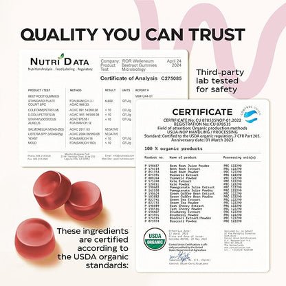 Beets for High Blood Pressure 5000 Mg - Beet Root Gummies with Pomegranate Juice Powder - Beet Chews for Cardio Health and Energy - Nitric Oxide Supplement Gummies for Men and Women - No GMO - 120 pcs
