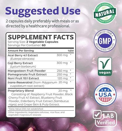 Super Antioxidants Supplement - Powerful Super Food Antioxidant Daily Blend - Acai Berry, Goji, Pomegranate & Trans Resveratrol - Herbal and Fruit Formula For Women and Men - Skin Care - 120 Capsules