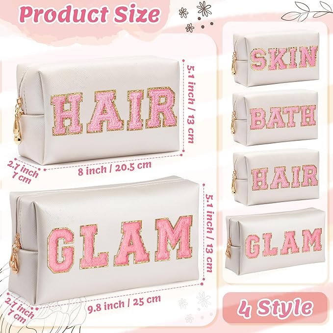 CY2SIDE GLAM Letter Makeup Bag - 4PCS Pink Glam Skin Hair Bath Chenille Letter Patch Cosmetic Bag Preppy PU Leather Patch Pouch Waterproof Portable Zipper Travel Organizer Xmas Gifts for Women Girls