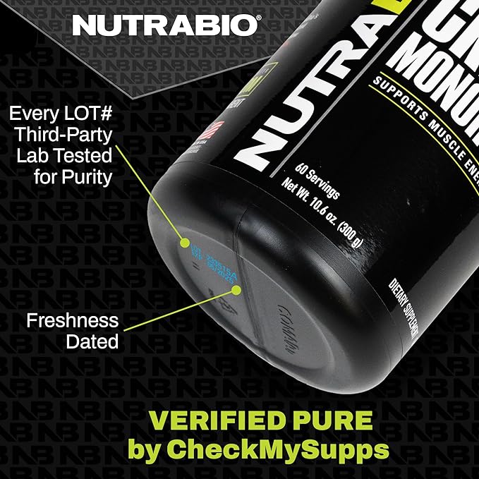 NutraBio Pure Creatine Monohydrate Powder Supplement, Unflavored, (300 g) - Supports Bulk Muscle Energy, Recovery, and Strength - HPLC Tested Pure Grade Creatine Powder Supplement for Men and Women