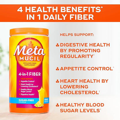 Metamucil 4 in 1 Daily Fiber Supplement Powder, Fiber Powder for Digestive Health and Regularity*, Sugar-Free, Orange, Naturally Sourced Psyllium Fiber, 72 teaspoons