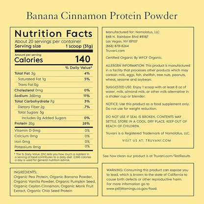 Truvani Vegan Pea Protein Powder | Banana Cinnamon | 20g Organic Plant Based Protein | 20 Servings | Keto | Gluten & Dairy Free | Low Carb | No Added Sugar