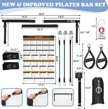 Upgraded Pilates Bar Kit – 39” Adjustable Exercise 6X 20, 20, 30, 30, 40 40 lbs