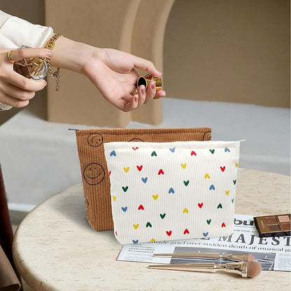 Corduroy Makeup Bag Cosmestic Bag Large Capacity Ladies Women Aesthetic Make Up Organizer Accessories Zipper Pouch Purse Beige Heart+Brown