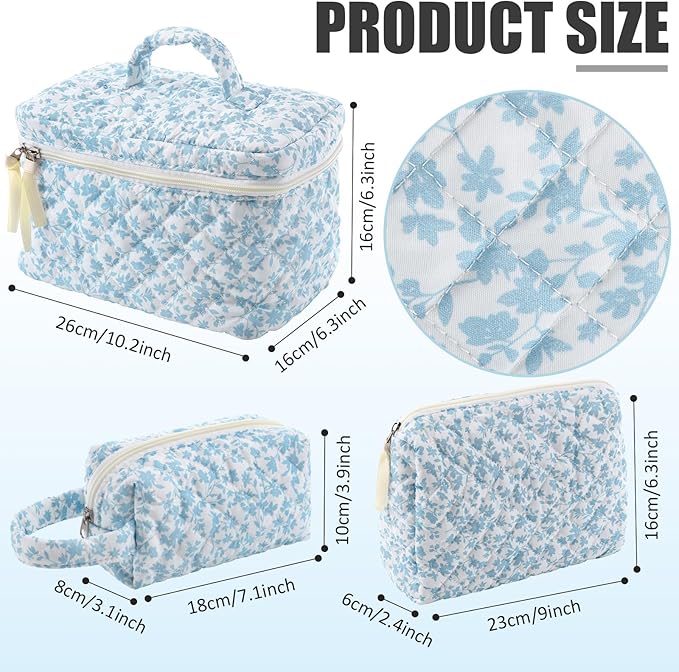 Paterr 3 Pieces Cotton Quilted Makeup Bag Set Coquette Cosmetic Bag Aesthetic Travel Toiletry pouch Cute Pouch Kawaii Aesthetic for Women(Blue,Floral)