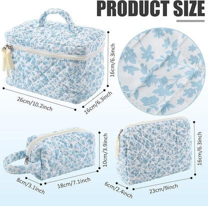 Paterr 3 Pieces Cotton Quilted Makeup Bag Set Coquette Cosmetic Bag Aesthetic Travel Toiletry pouch Cute Pouch Kawaii Aesthetic for Women(Blue,Floral)
