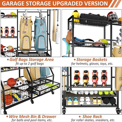 Gadroad Sports Equipment Organizer, Ball Rack, Gear & Ball Storage - Garage Organizer with Baskets, Hooks & Rolling Cart - Black
