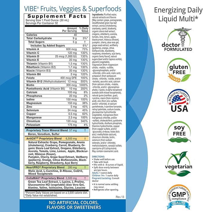 Eniva Health Vibe Liquid Multivitamins Mineral Supplements with Vitamins A, B12, C, D, E & Amino Acids | Fruits and Veggies Daily Supplement for Women & Men | Doctor Formulated | USA Made | 32 oz