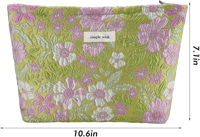 Flower Makeup Bag Travel Large Cosmetic Bag for Women Cute Purple Floral Makeup Pouch Zipper Cosmetic Pouch for Purse Aesthetic Green Skincare Organizer Bag Portable Toiletry Bag