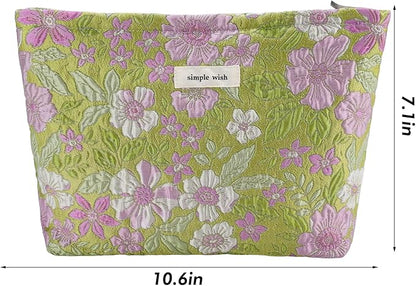 Flower Makeup Bag Travel Large Cosmetic Bag for Women Cute Purple Floral Makeup Pouch Zipper Cosmetic Pouch for Purse Aesthetic Green Skincare Organizer Bag Portable Toiletry Bag