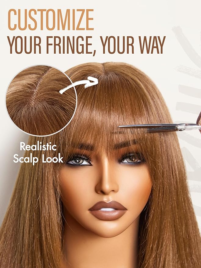 GORGIUS Straight Glueless Wig with Bangs Honey Brown Layered Hair Ready-to-Go Synthetic Bang Wigs with Realistic Scalp 24 Inch