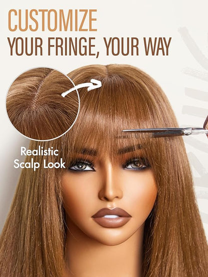 GORGIUS Straight Glueless Wig with Bangs Honey Brown Layered Hair Ready-to-Go Synthetic Bang Wigs with Realistic Scalp 24 Inch