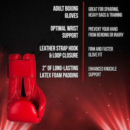 Cleto Reyes Training Gloves with Leather Strap & Attached Thumb and Hook & Loop Closure, 14oz, Classic Red