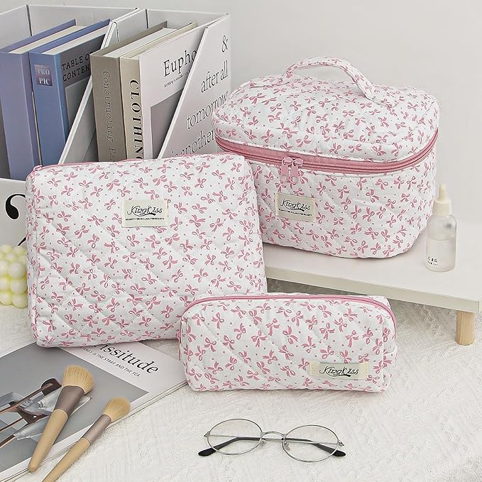 kingkiss Makeup Bag, Quilted Cosmetic Bag, Large Capacity Make Up Bag for Women, Cute Floral Storage Toiletry Bag Travel Storage Makeup Bag(Pink#3)