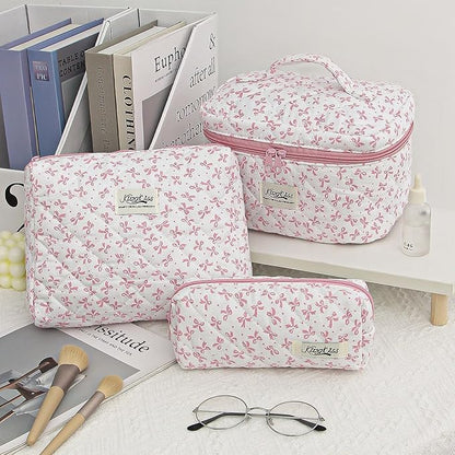 kingkiss Makeup Bag, Quilted Cosmetic Bag, Large Capacity Make Up Bag for Women, Cute Floral Storage Toiletry Bag Travel Storage Makeup Bag(Pink#3)