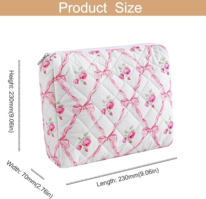 Quilted Cotton Makeup Bag Travel Cosmetic Bag for Women Girls, Zipper Make Up Pouch, Bow Pattern Toiletry Organizer Makeup, Portable Storage Bag (2 Pack: Pink Bowknot)