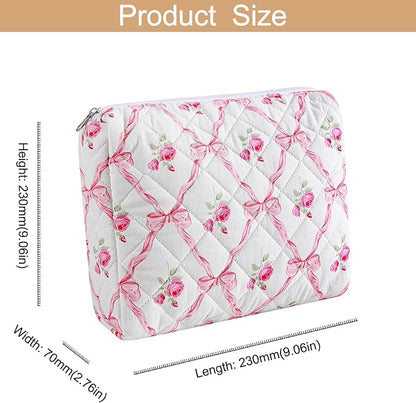 Quilted Cotton Makeup Bag Travel Cosmetic Bag for Women Girls, Zipper Make Up Pouch, Bow Pattern Toiletry Organizer Makeup, Portable Storage Bag (2 Pack: Pink Bowknot)