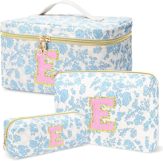 3 PCS Travel Makeup Bag Set, A-Z Initials Cotton Make up Bag Floral Quilted Cosmetic Bag for Girls and Women, Personalized Cute Toiletry Bag Travel Accessories Brushes Bag Blue - E