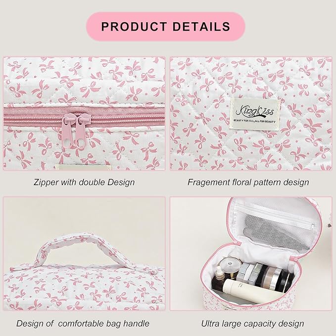 kingkiss Makeup Bag, Quilted Cosmetic Bag, Large Capacity Make Up Bag for Women, Cute Floral Storage Toiletry Bag Travel Storage Makeup Bag(Pink#3)