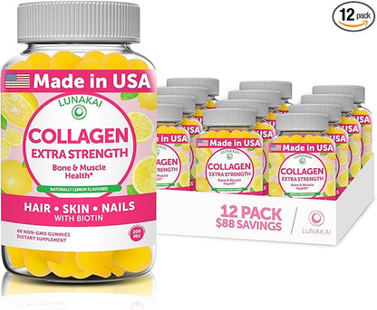 Collagen Gummies - Tastiest Proprietary Formula - 200mg Hydrolyzed Collagen Gummies for Women and Men with Biotin, Zinc, Vitamin C and E - Non-GMO Anti Aging Collagen Supplements for Women - 12 Pack